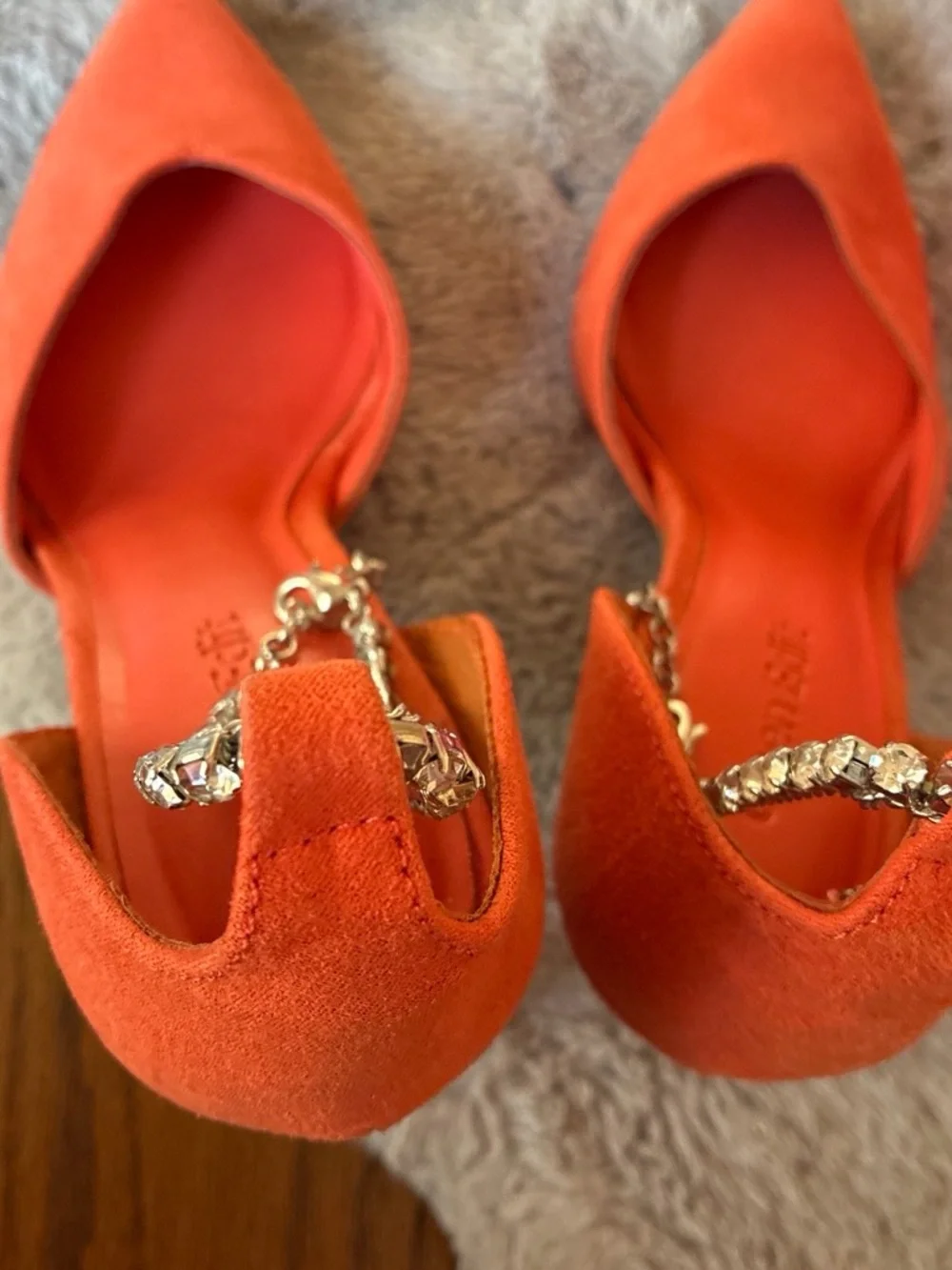 Women's Pointed Toe Slingback Heels with Rhinestone Chain - Orange